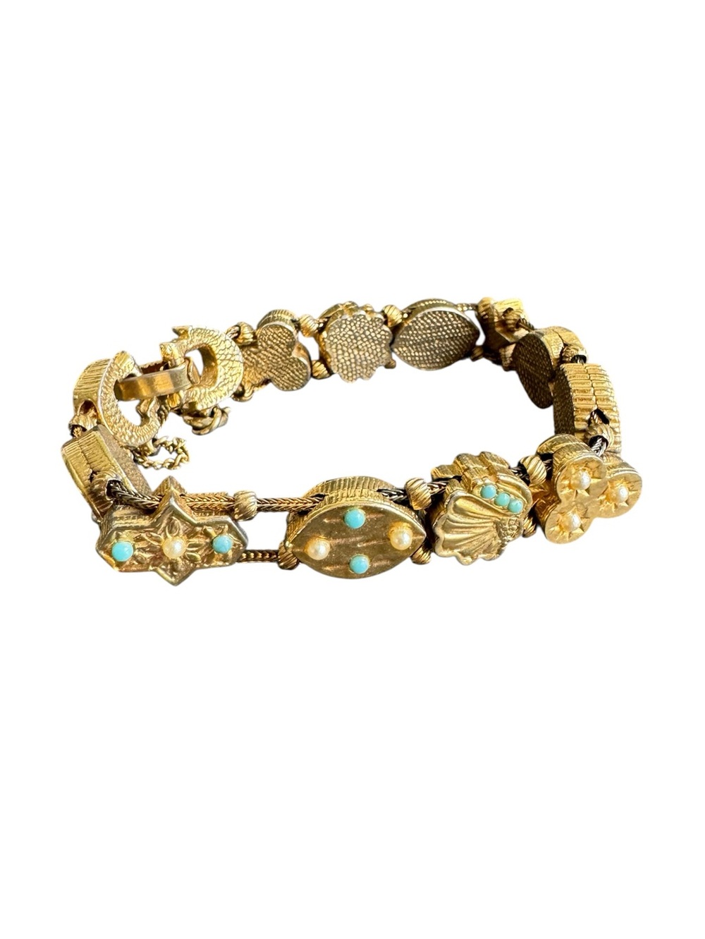 Vintage Victorian Revival Slide Charm Bracelet 60s Sweetheart Lucky Gold Tone